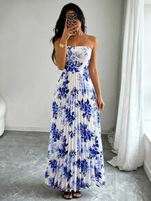 Flora Isola Flora Isola 優雅無肩帶花卉印花性感收腰百褶設計女款洋裝 - 藍色 - 查看 4