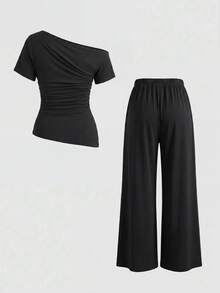 Sweetra Women's New Fashion Versatile Solid Color Asymmetrical Shoulder Cinched Waist Top + Long Pants 2 Pieces Set Casual Simple Elegant Two Pieces Pants Set - Black - View 2