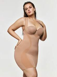 SHAPORA Vestido Modelador Sem Costura com Abertura Frontal Plus Size, Ajuste Slim, Controle Abdominal, Barriga Plana, Alta Elasticidade, Macio e Confortável, Uso Diário Não Restritivo - Damasco - Visão 6