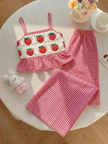 SHEIN Young Girl Camisole Ruffle Strawberry Pattern Top Plaid Long Pants Tank Top Set - Red - View 7