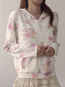 Livesso Veste décontractée à capuche pour femme, coupe ample, imprimé floral intégral, design floral romantique, coupe régulière - Blanc - Voir 3