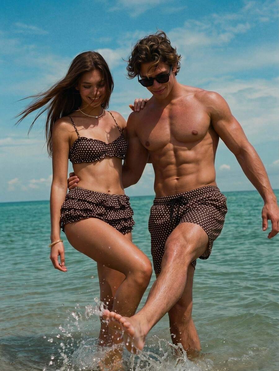 Manfinity Swimmode 男士波點圖案休閒海灘短褲,適合度假 - 咖啡棕 - 查看 1