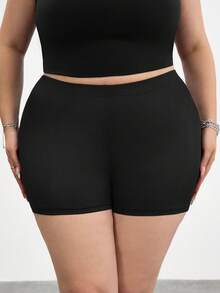 SHEIN CURVE+ Plus Size Women's Solid Color Casual Versatile Daily Wear Skinny Shorts, Spring/Summer - Black - View 5