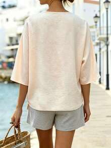SHEIN Holidaya Women's Textured Versatile Front Tie Short Sleeve Shirt - Apricot - View 3