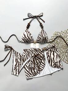 Swim Mod New Women's 3-Piece Swimsuit Set, Summer Beach & Seaside Versatile Vacation Series, Bikini Triangle Bottoms With Mesh Mini Skirt, Popular Beige-Brown Zebra Print, Brown Beaded Trim, Metal Ocean Star Accessories, Adjustable Triangle Top, Tie-Side Triangle Bottoms, Split Mesh Mini Skirt, Suitable For Summer Beach, Pool, And Vacation Wear - Multicolor - View 1