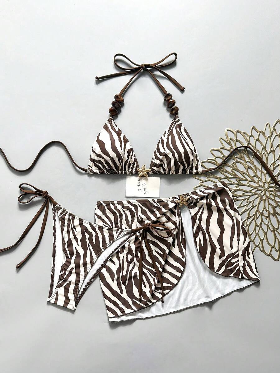 Swim Mod New Women's 3-Piece Swimsuit Set, Summer Beach & Seaside Versatile Vacation Series, Bikini Triangle Bottoms With Mesh Mini Skirt, Popular Beige-Brown Zebra Print, Brown Beaded Trim, Metal Ocean Star Accessories, Adjustable Triangle Top, Tie-Side Triangle Bottoms, Split Mesh Mini Skirt, Suitable For Summer Beach, Pool, And Vacation Wear - Multicolor - View 1