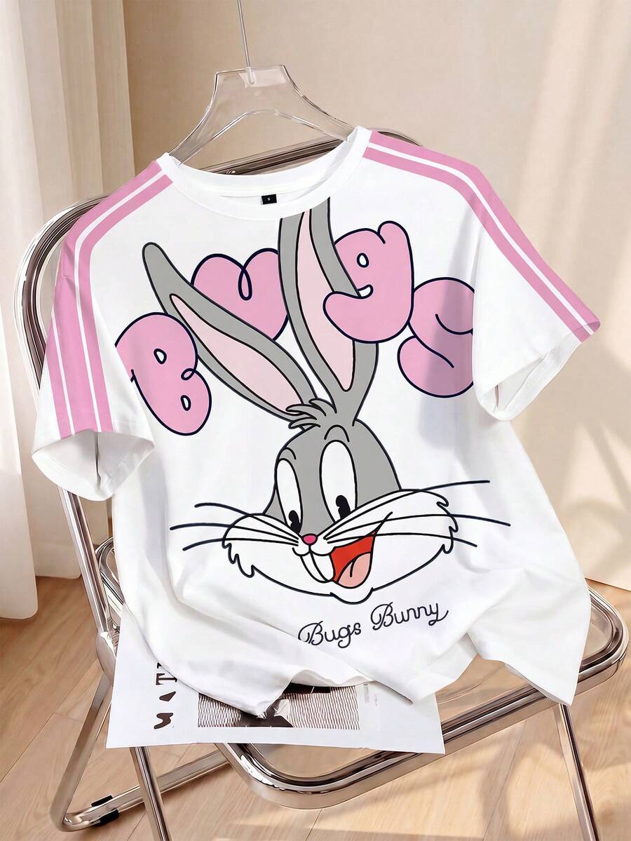 LOONEY TUNES X SHEIN 女士圆领卡通字母印花休闲百搭日常短袖T恤 - 白色 - 查看 1