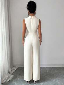 Elenzga petite Women's Apricot Solid Color Fabric V-Neck Lapel Collar Cinched Waist Panel Design High-End Elegant Professional Workwear High-Presence Meeting Outfit Teacher Style Collegiate Campus Style Valentine's Day Carnival Labor Day Easter Travel Vacation Street Style Spring Jumpsuit Summer Jumpsuit Spring/Summer New Essential Versatile Short Jumpsuit - Apricot - View 2