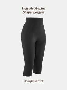 SHAPORA 女士實色高腰塑形七分褲，適用於夏季 - 黑色 - 查看 3