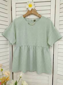 SHEIN EZwear 女款大尺碼條紋圓領短袖休閒上衣 - 薄荷綠 - 查看 6