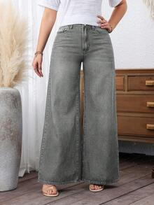 EMERY ROSE Plus Size Women's Pocket Button Casual Versatile Daily Outing Wide Leg Jeans - Grey - View 5