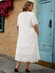Miaspire Plus Size Women's Round Neck Short Sleeve Multi-Layer Ruffle Hem Loose Fit Dress - White - View 2
