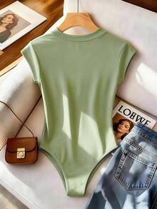 SHEIN 女款時尚透視網紗立領修身連身衣，附短袖 - 綠色 - 查看 2