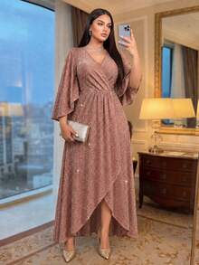 Auveirra 春夏秋冬优雅派对婚礼情人节酒会演唱会/音乐节叠领喇叭开叉荷叶边袖大码连衣裙 - 藕粉色 - 查看 3