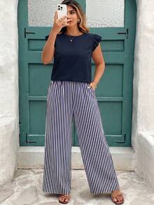 EMERY ROSE Casual Minimalist Dark Blue Striped Print Plus Size 2 Pieces Set - Multicolor - View 4