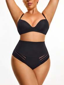 SHAPORA Plus Size Solid Color High Waist Net Mesh Patchwork Shaping Underpants - Black - View 4