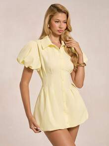 SHEIN BAE Spring/Summer Solid Pale Yellow Petal Sleeve Elegant Cute Mini Dress Blouse For Women Birthday - Yellow - View 6