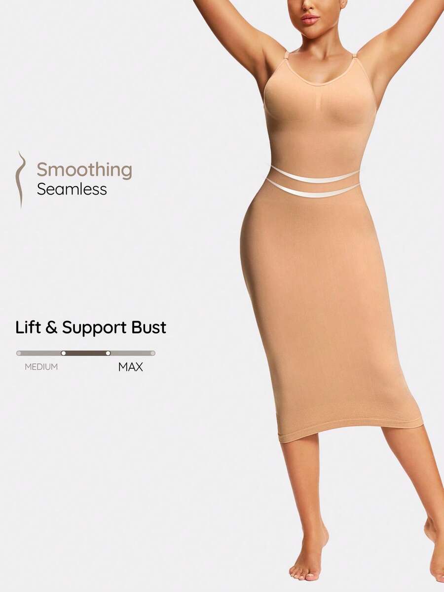 SHAPORA Vestido ceñido de unicolor con cuello redondo y sin mangas para dar forma al Body de mujer - Beis - Ver 1