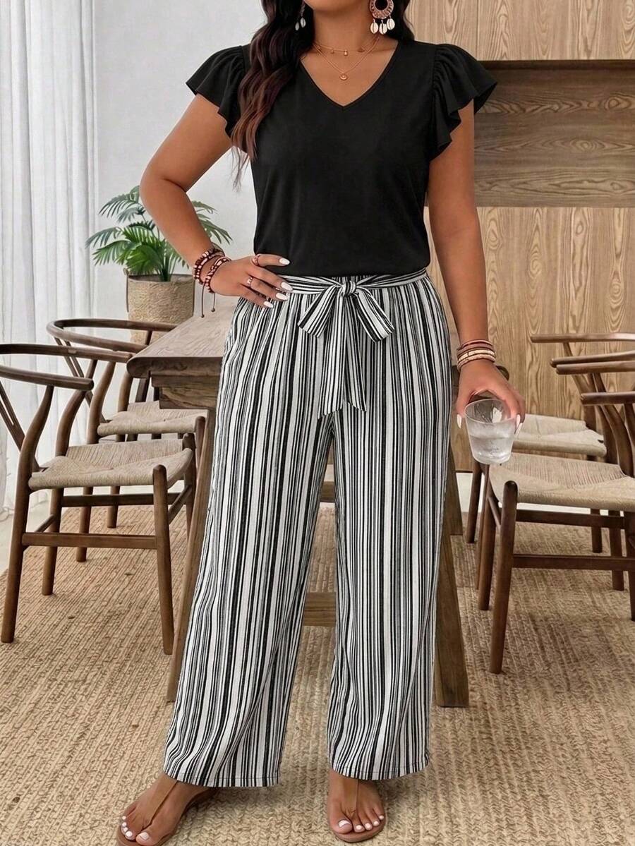 SHEIN Frenchy 2pcs/Set Plus Size Women's Black Solid Top And Black & White Striped Pants Set, Fashionable New Style, Suitable For Spring/Summer Outdoor Wear