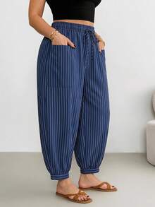 Shapeblank Women's Plus Size Vacation Style Drawstring Elastic Waistband Pocket Striped Pants, Spring Women's Clothing - Multicolor - View 3