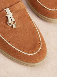 Rosivie 女款時尚棕色麂皮建築色舒適通勤平底穆勒鞋女款平底鞋拖鞋適合戶外購物上班日常百搭 - 棕黃色 - 查看 9