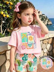 SHEIN Sparklyn 少女 2 件套時尚度假風清新陽光椰子樹貝殼幾何印花短袖 T 恤 & 全身印花短褲套裝，適合夏季外出 - 彩色 - 查看 1