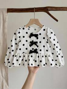 SHEIN Young Girl Polka Dot Print Bow Decor Shirt - Black and White - View 1
