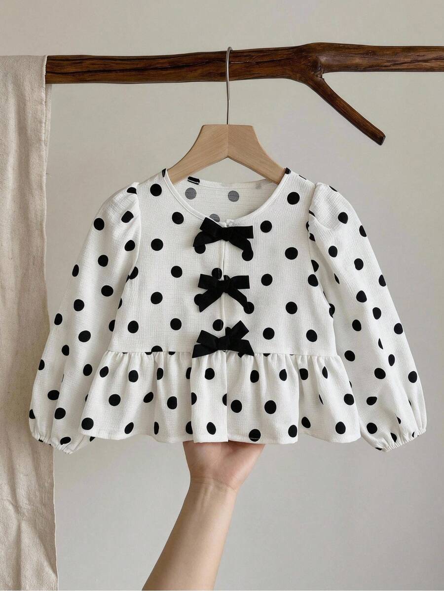 SHEIN Young Girl Polka Dot Print Bow Decor Shirt - Black and White - View 1