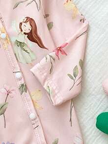 SHEIN 新生女嬰仙女花朵印花針織軟綿休閒圓領長袖連身連腳褲 秋冬款 家族親子配色 粉紫色 - 粉色 - 查看 3