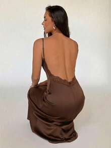 Aloruh Women's Elegant Solid Brown Long Dress Backless Lace Patchwork Spaghetti Strap Dress Night Out Summer - Coffee - View 6