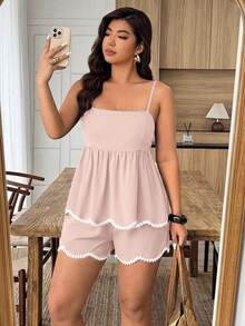 Weeklong Conjunto de 2 piezas de verano para mujer talla grande, con ribete de encaje ondulado y patchwork, ajuste holgado y favorecedor, estilo maduro y suave, conjunto de top camisola y shorts para uso casual, ir al trabajo y estar en casa - Rosa Pálido - Ver 5