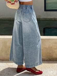 Livesso Jeans en denim taille haute ample à jambes larges pour femmes, avec poches latérales, bleu clair, convient pour les vacances et le port décontracté d'été - Blanc - Voir 4