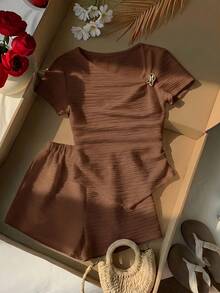 SHEIN Girls Back To School Brown T-Shirt Set Teen (Girl) Designer Asymmetrical Soft Cotton Round Neck - Brown - View 3