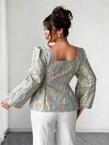 Elenzga Plus Size Light Blue Autumn Elegant Wedding Textured Jacquard Embroidered Open Front Long Sleeve Puff Sleeve Square Neck Pearl Button French Shirt - Mint Green - View 2