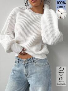 SHEIN BASICS Women's Round Neck Long Sleeve Solid Color Sweater - White - View 5