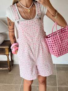 DAZY Women's Romantic Floral Casual Pocket Denim Overalls, Pink, Suitable For Spring And Summer Beach/Vacation - Pink - View 6