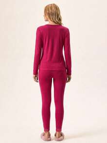 SHEIN Cottnline 2pcs Cotton V Neck Lace Detail Homewear Set - Hot Pink - View 2