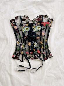 Soleia 大尺碼女款無肩帶黑色刺繡透明性感胸衣 - 黑色 - 查看 2