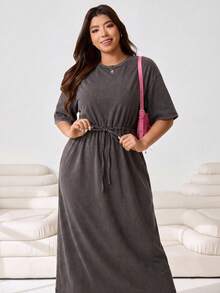 Solflare Plus Size Vintage Washed Snowflake Print Loose Long T-Shirt Dress,Adjustable Waist,Chocolate Brown,Sommar,Smart Casual,Vacation,High Street,Daily Wear - Chocolate Brown - View 3