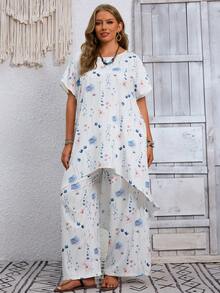 EMERY ROSE Plus Size Women's Floral Print Asymmetric Hem Shirt And Pants Casual Boho Set Vacation White Summer - Multicolor - View 3