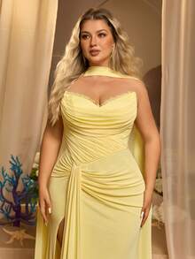 Glamrae Plus Size Elegant Glamorous Luxurious Sequin Lace Embroidery Patchwork Stretch Knit Mesh Off-Shoulder Sleeve Oversized Flare Wedding Event Formal - Yellow - View 2