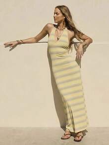 Aralina Women's Spring Summer Ribbed Multi Stripe Stretch Halter Vacation Holiday Beach Resort Cover Up Tropical Maxi Dress Light Blue - Multicolor - View 6