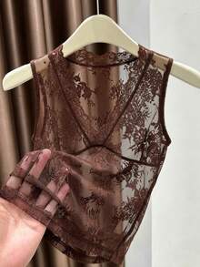 SHEIN Franclia Women's Fashion Elegant Sexy Casual Sleeveless V-Neck Lace Semi-Sheer Camisole Tank Top, Club Vacation Party Brown Floral Summer - Brown - View 5