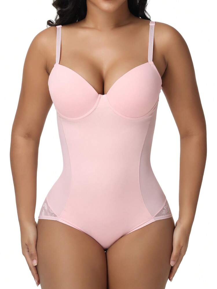 SHEIN 女士纯色撞色蕾丝塑身连体衣（带钢圈） - 粉色 - 查看 6