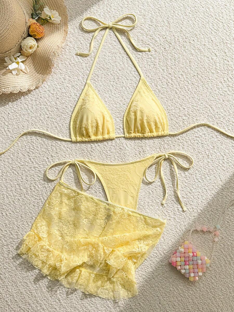 Swim Vcay 黑色性感蕾絲雙層荷葉邊俏皮貼身迷你裙 蕾絲雙層三角杯丁字褲 3件組女款泳衣套裝 - 鵝黃色 - 查看 1
