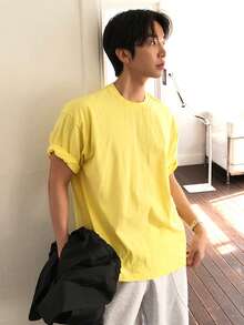 DAZY Men's Summer Solid Yellow Versatile Round Neck Short Sleeve T-Shirt - Yellow - View 7