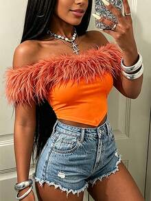 Glyssa Women's Sexy Off-Shoulder Wool Blend Fringe Top, European And American Style Hot Girl Slim Fit Flattering Asymmetrical Hem, Dates Club Night - Orange - View 8