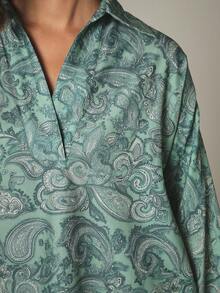 KSTM Paisley Print Long Sleeve Shirt And Wide Leg Palazzo Pants Co-Ord Set Summer Vacation Two Piece Outfit - Green - View 5