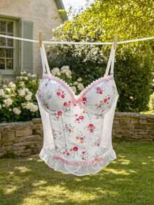 CovetEZ Floral Print Lace Patchwork Underwire Bow Decor Molded Cup Camisole Top - White - View 6