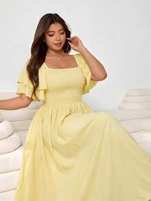 Solflare Vestido elegante de talla grande con mangas de volantes y volantes de unicolor, fiesta de té de verano amarillo pálido - amarillo ganso - Ver 4